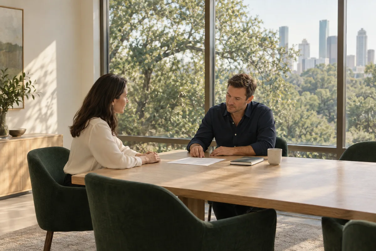 Illustrative scene of two professionals discussing work in a bright office